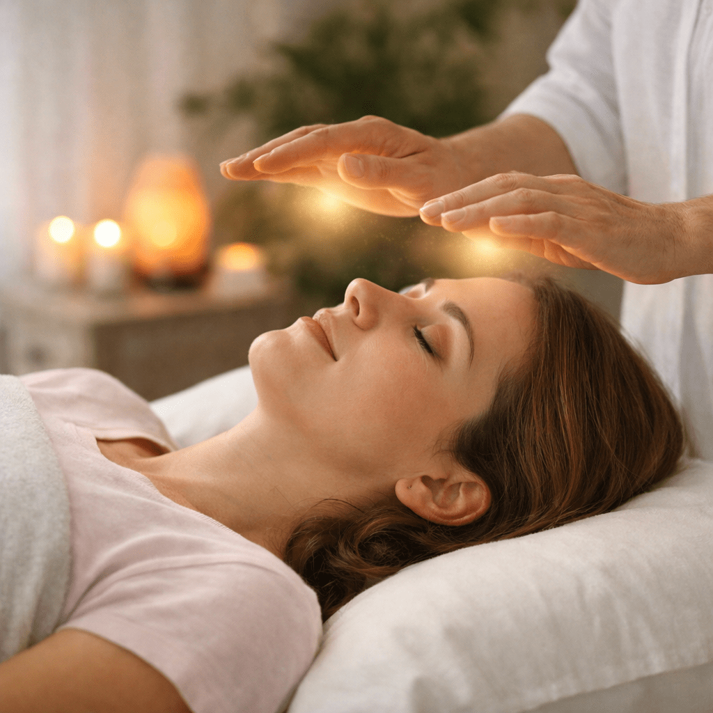Practitioner’s hands glowing over a relaxed woman’s forehead during energy healing